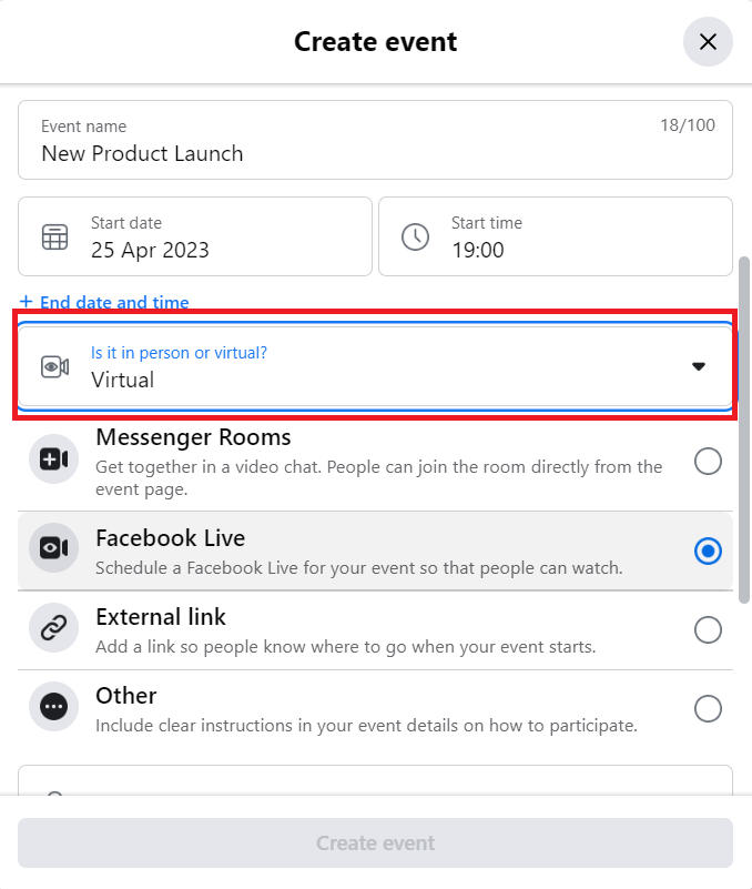 Create event: virtual