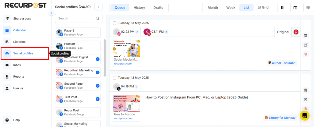 Social Profiles - RecurPost Dashboard