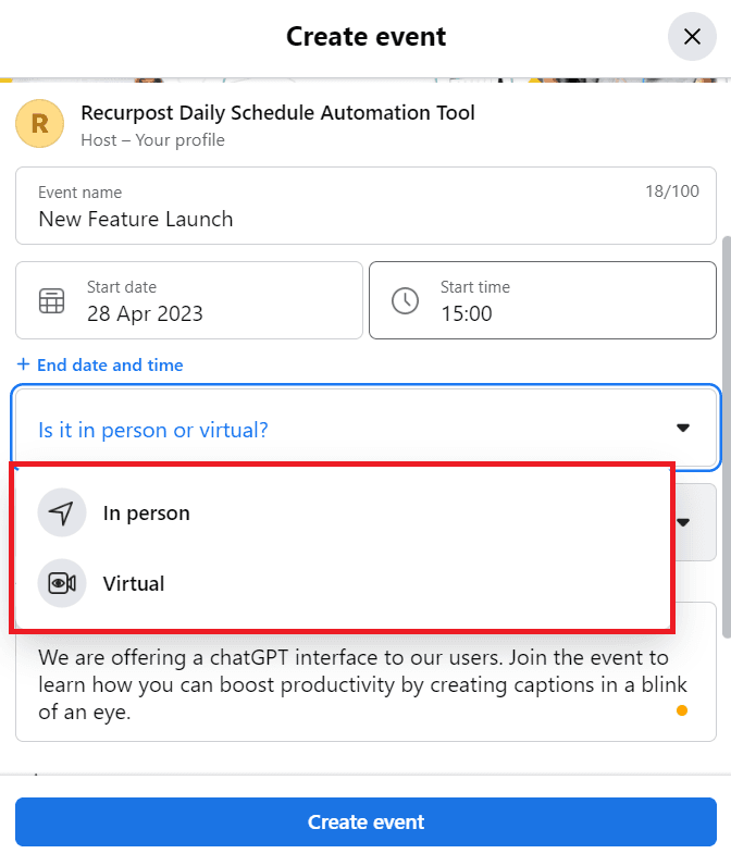 Create event: In person or virtual?