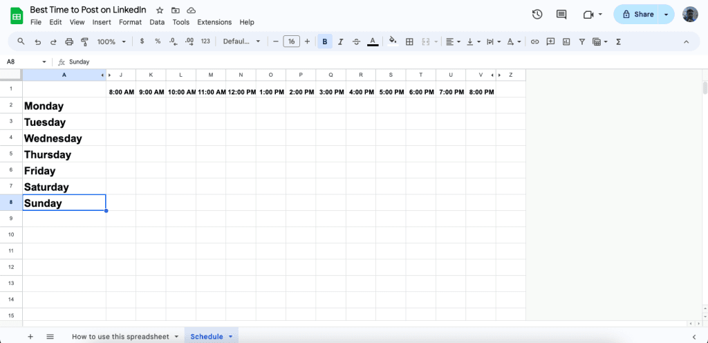 Create a spreadsheet for days and hours to determine the best time to post on LinkedIn