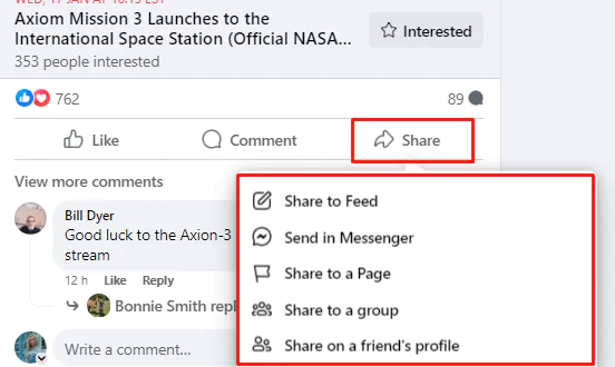 Facebook post different share options