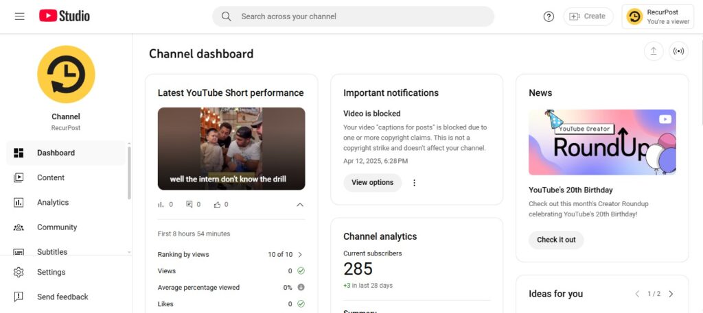 YouTube Studio Dashboard