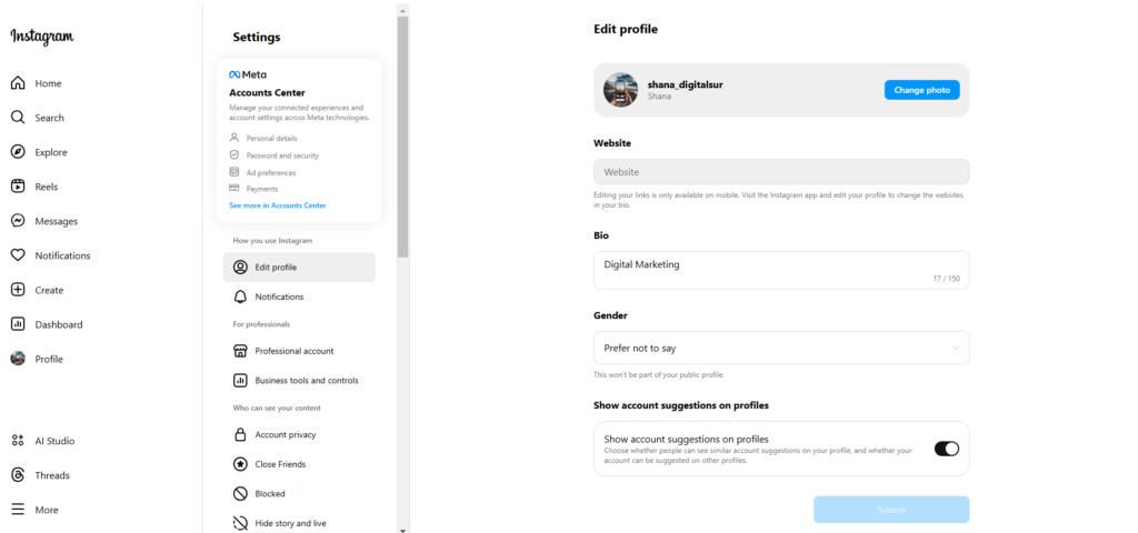 Complete your instagram profile and bio