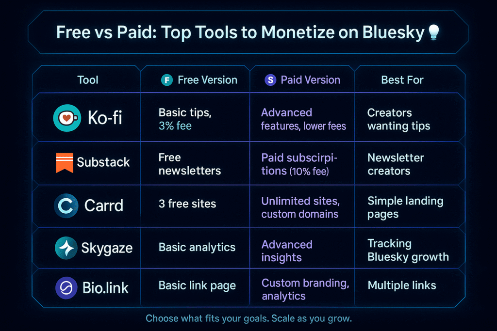 Free and paid tools for bluesky monetization