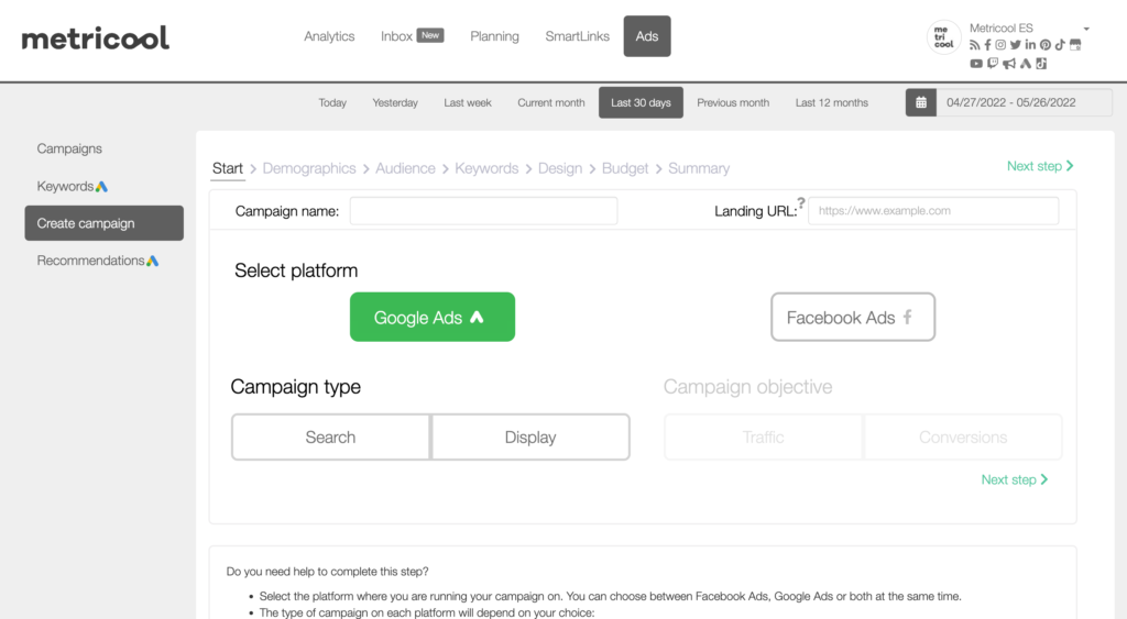 CAMPAIGNS GOOGLE ADS WITH METRICOOL